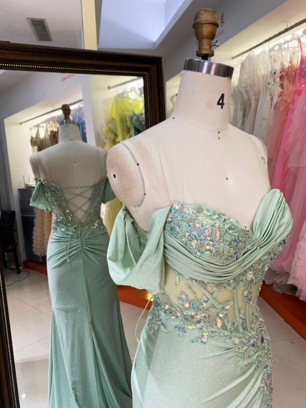 Light Green Satin Long Evening Dress off Shoulder Floor Length with Formal Party Evening Dresses for Women