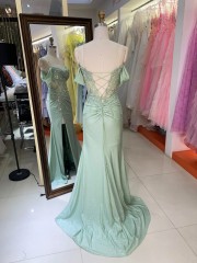 Light Green Satin Long Evening Dress off Shoulder Floor Length with Formal Party Evening Dresses for Women