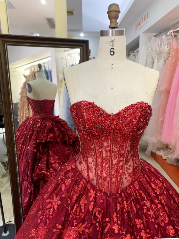 Luxury Burgundy Ball Gown Sequin Bridal Evening Bridesmaid Dresses Sequins with Lace up Quinceanera Dresses