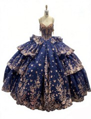 Navy Blue Tulle Lace Appliqued Quinceanera Dresses Tulle Strapless Sweet 15 Gowns Custom Made