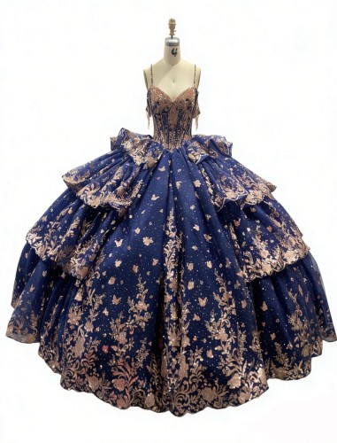 Navy Blue Tulle Lace Appliqued Quinceanera Dresses Tulle Strapless Sweet 15 Gowns Custom Made