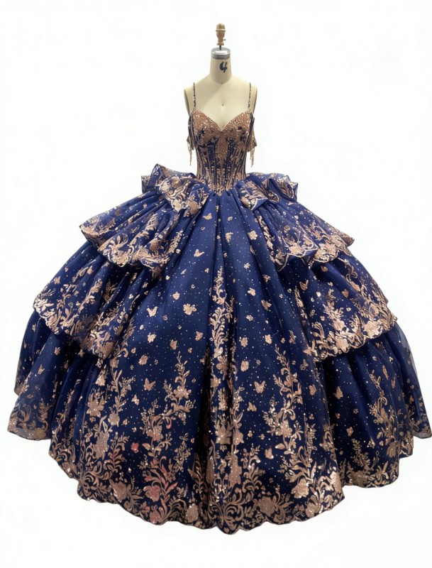 Navy Blue Tulle Lace Appliqued Quinceanera Dresses Tulle Strapless Sweet 15 Gowns Custom Made