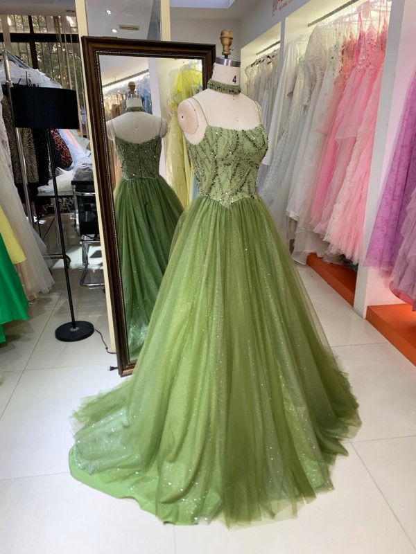 2026 Green Colors Elegant A-Line Ball Gown Floor-Length Party Evening Dress with Zipper Back for Women
