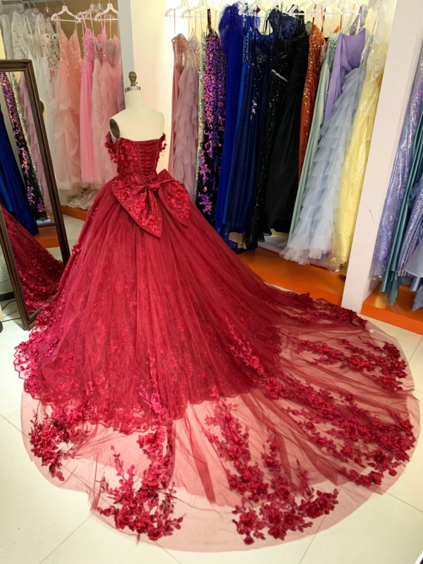 New Designs Burgundy Colors 3D Flowers Ball Gown Quinceanera Dress Off the Shoulder