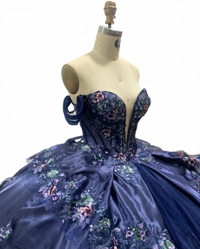 Fashion Navy Blue Off-Shoulder Adult Ceremony Dress with Puffy Colorful Tulle Princess Skirt Evening Dress