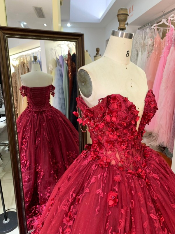 New Designs Burgundy Colors 3D Flowers Ball Gown Quinceanera Dress Off the Shoulder