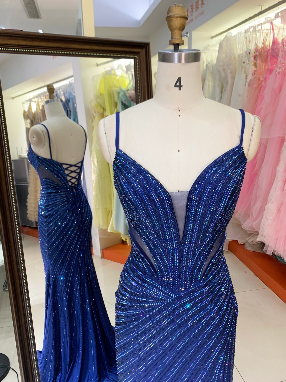 Elegant Navy Full Rhinestone Drawing Pattern High Slit Deep V Neck Sexy Back Mermaid Evening Dress