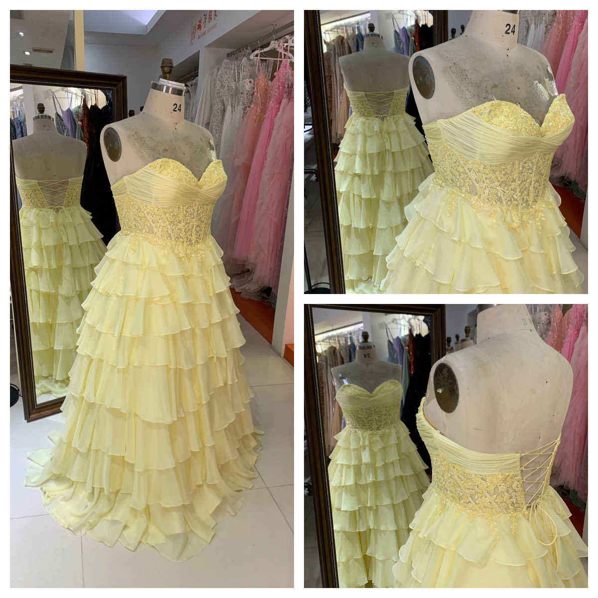 Wholesale Elegant Chiffon Dress Off-the-Shoulder Lace Formal Dress Prom Dress with Lace Bodice and Tiered Ruffle Skirt