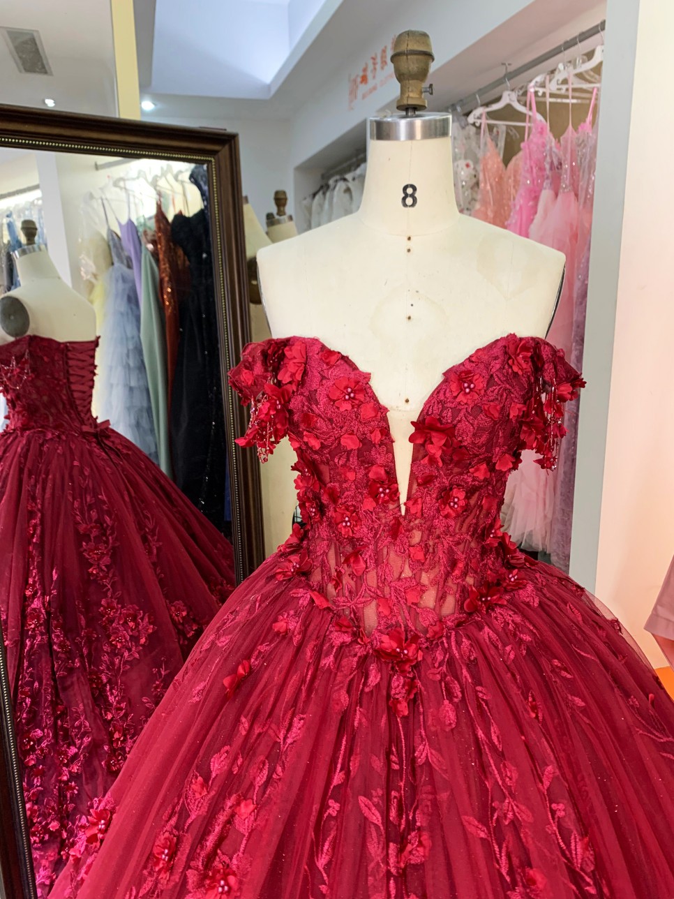New Designs Burgundy Colors 3D Flowers Ball Gown Quinceanera Dress Off the Shoulder