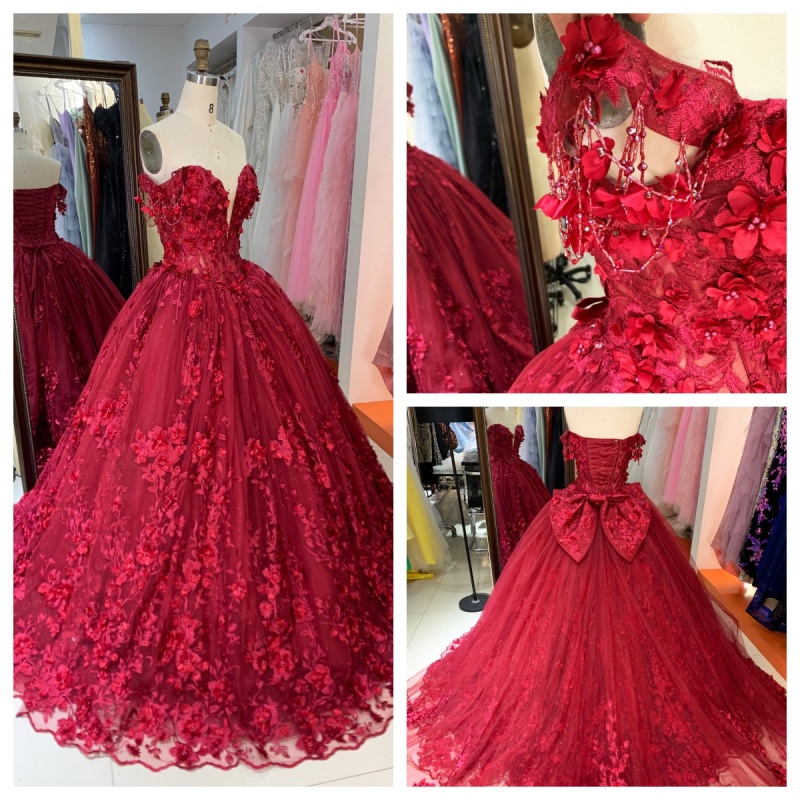 New Designs Burgundy Colors 3D Flowers Ball Gown Quinceanera Dress Off the Shoulder