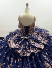 Navy Blue Tulle Lace Appliqued Quinceanera Dresses Tulle Strapless Sweet 15 Gowns Custom Made