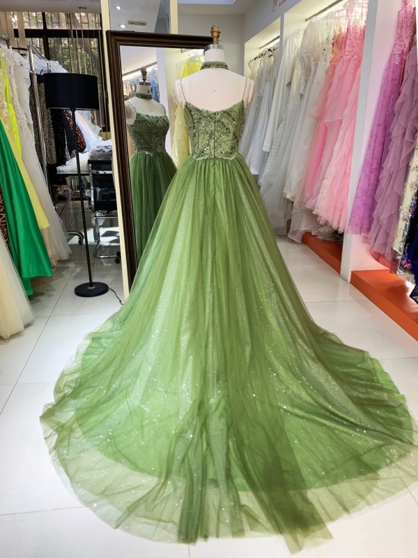 2026 Green Colors Elegant A-Line Ball Gown Floor-Length Party Evening Dress with Zipper Back for Women