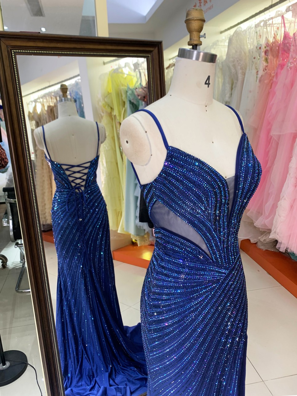 Elegant Navy Full Rhinestone Drawing Pattern High Slit Deep V Neck Sexy Back Mermaid Evening Dress