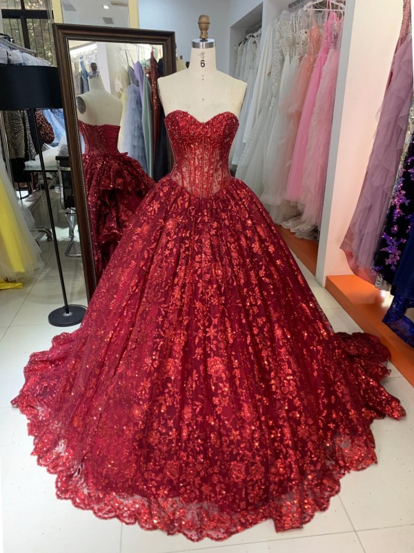 Luxury Burgundy Ball Gown Sequin Bridal Evening Bridesmaid Dresses Sequins with Lace up Quinceanera Dresses