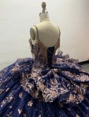 Navy Blue Tulle Lace Appliqued Quinceanera Dresses Tulle Strapless Sweet 15 Gowns Custom Made