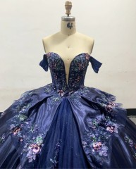 Fashion Navy Blue Off-Shoulder Adult Ceremony Dress with Puffy Colorful Tulle Princess Skirt Evening Dress