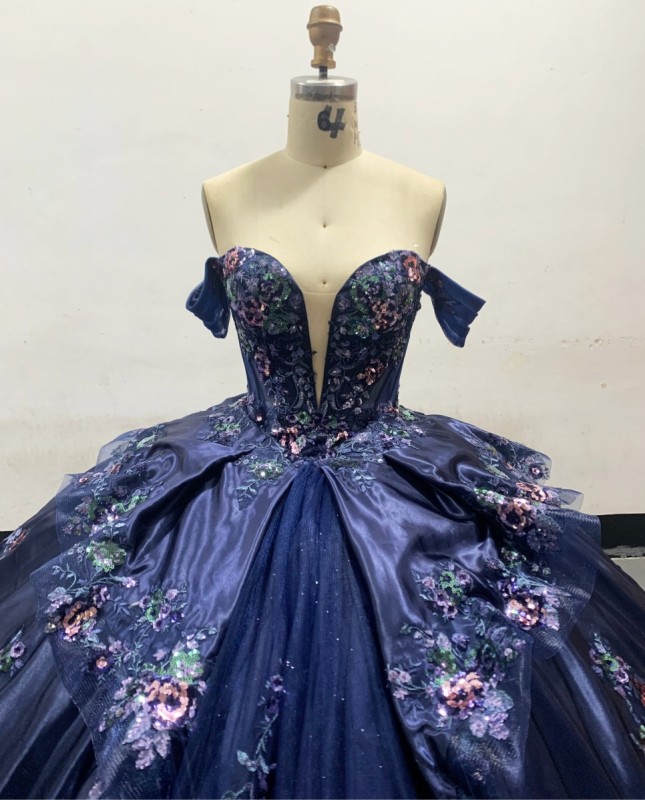 Fashion Navy Blue Off-Shoulder Adult Ceremony Dress with Puffy Colorful Tulle Princess Skirt Evening Dress
