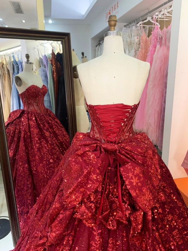 Luxury Burgundy Ball Gown Sequin Bridal Evening Bridesmaid Dresses Sequins with Lace up Quinceanera Dresses