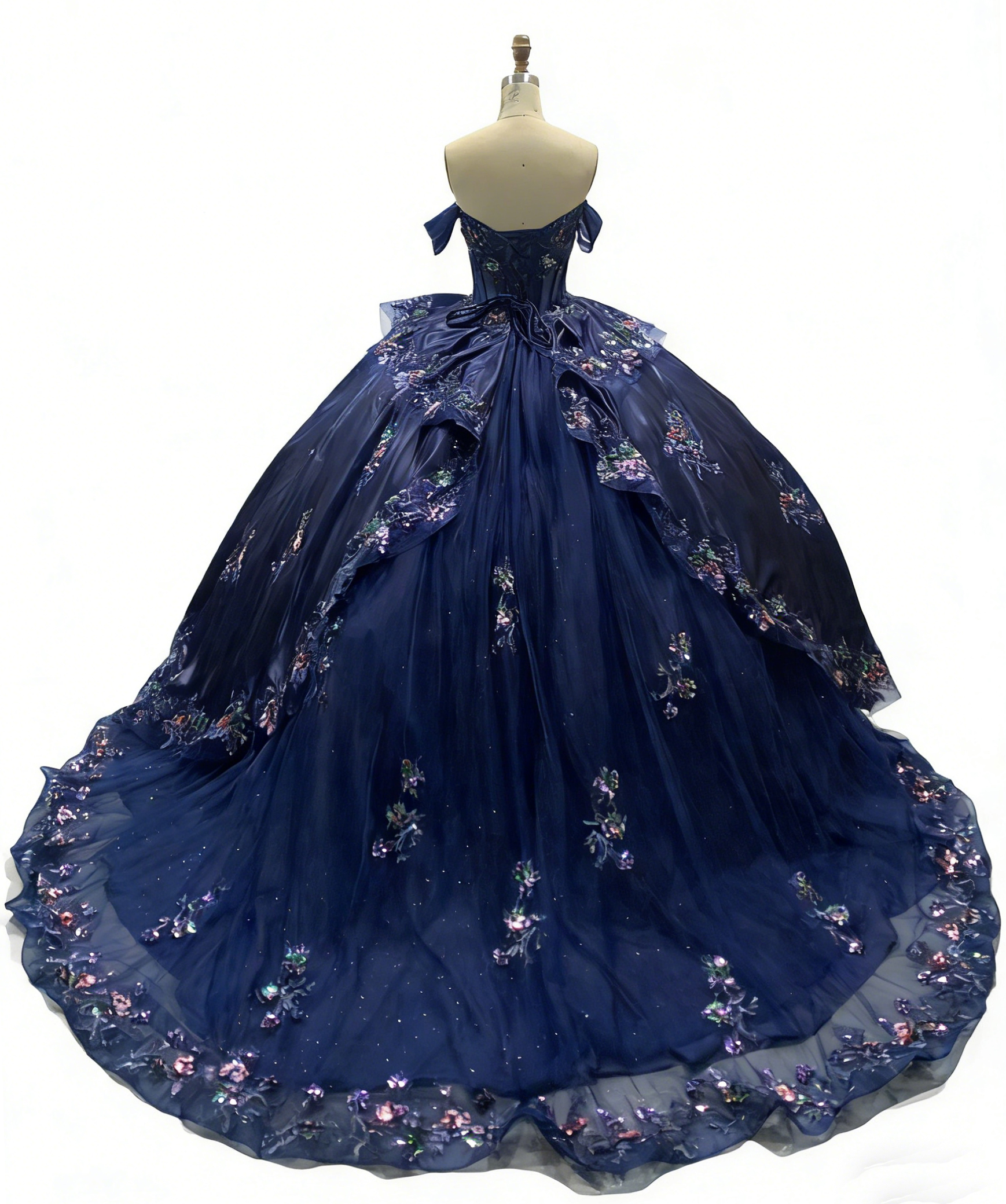 Fashion Navy Blue Off-Shoulder Adult Ceremony Dress with Puffy Colorful Tulle Princess Skirt Evening Dress