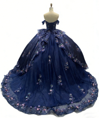 Fashion Navy Blue Off-Shoulder Adult Ceremony Dress with Puffy Colorful Tulle Princess Skirt Evening Dress
