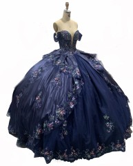 Fashion Navy Blue Off-Shoulder Adult Ceremony Dress with Puffy Colorful Tulle Princess Skirt Evening Dress