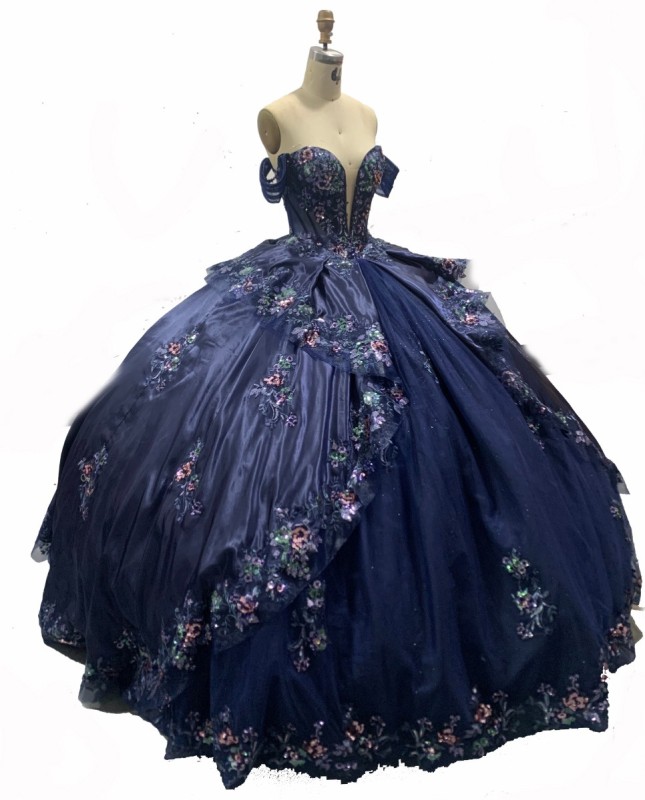 Fashion Navy Blue Off-Shoulder Adult Ceremony Dress with Puffy Colorful Tulle Princess Skirt Evening Dress