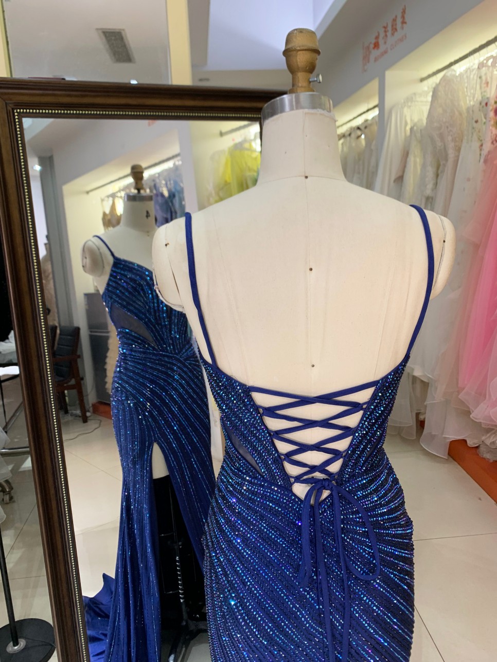 Elegant Navy Full Rhinestone Drawing Pattern High Slit Deep V Neck Sexy Back Mermaid Evening Dress