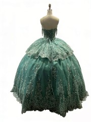 Glittering Green Quinceanera Dresses Gold Lace Appliques Birthday Party Ball Gown Corset