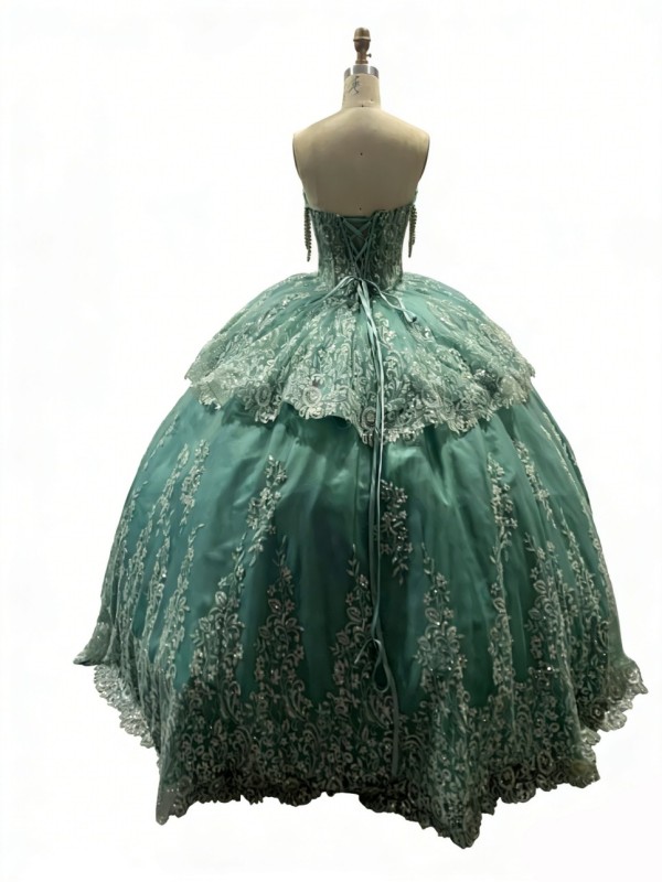 Glittering Green Quinceanera Dresses Gold Lace Appliques Birthday Party Ball Gown Corset