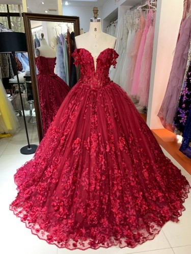 New Designs Burgundy Colors 3D Flowers Ball Gown Quinceanera Dress Off the Shoulder
