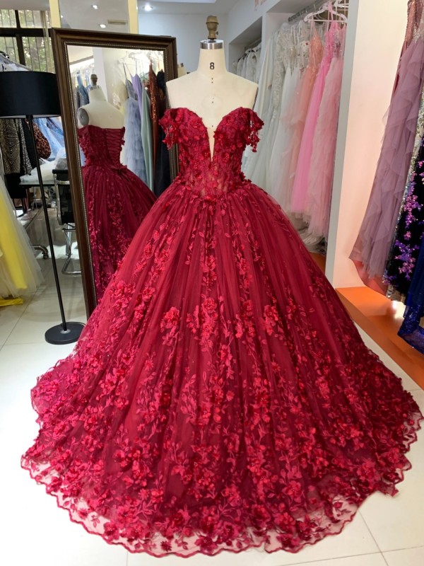 New Designs Burgundy Colors 3D Flowers Ball Gown Quinceanera Dress Off the Shoulder