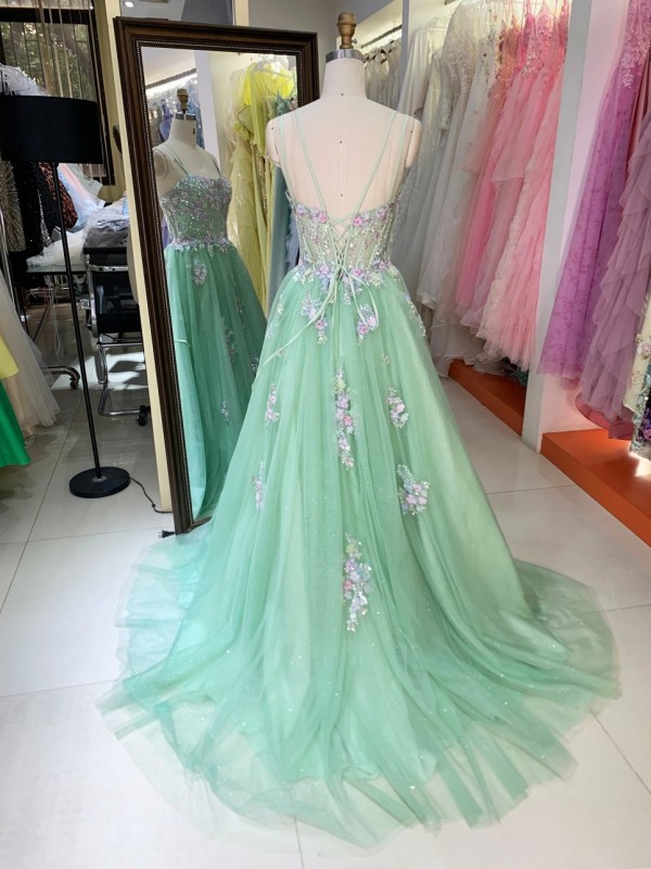 3D Embroidery Flowers with Green Tube Top Flower Embellished Ball Gown Evening Dresses Lace A-Line Evening Dress