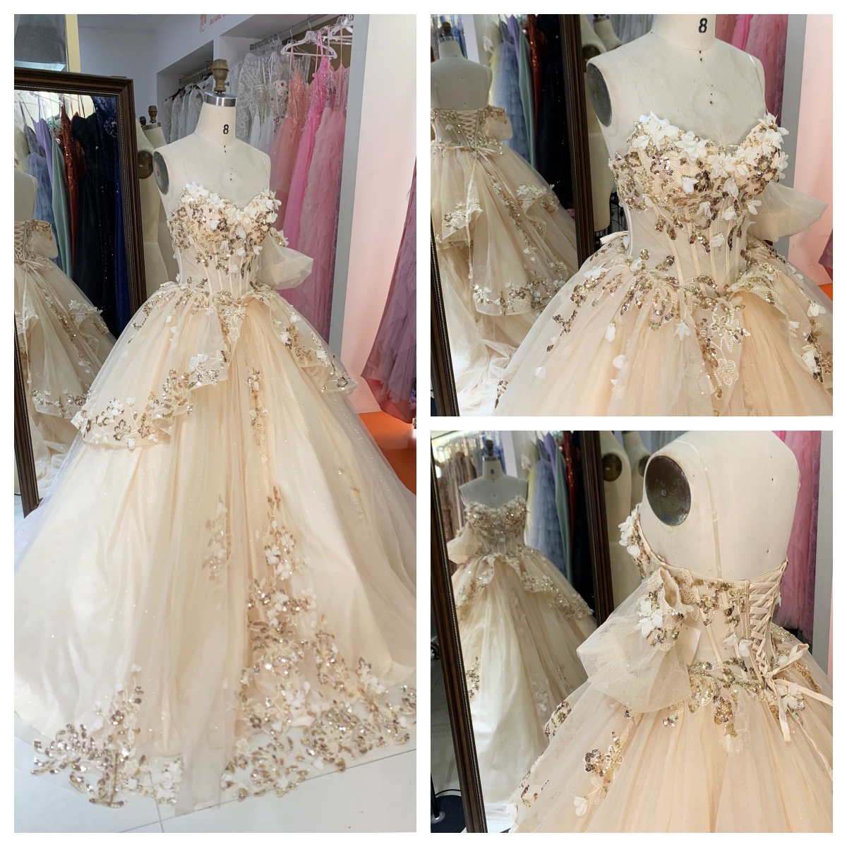 Champagne Color with Detachable Sleeves Sweetheart Lace up Back Quinceanera Ball Gown Quinceaera Dresses