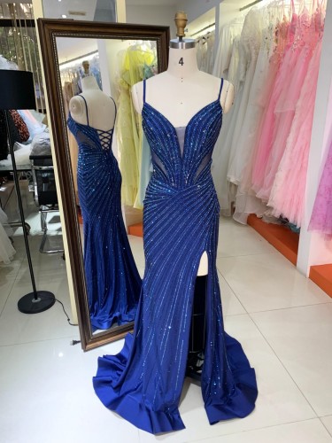 Elegant Navy Full Rhinestone Drawing Pattern High Slit Deep V Neck Sexy Back Mermaid Evening Dress