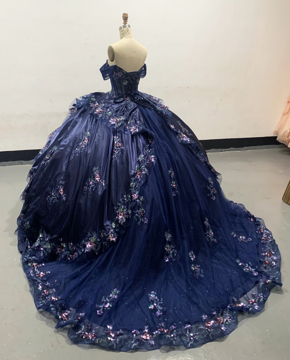 Fashion Navy Blue Off-Shoulder Adult Ceremony Dress with Puffy Colorful Tulle Princess Skirt Evening Dress