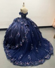 Fashion Navy Blue Off-Shoulder Adult Ceremony Dress with Puffy Colorful Tulle Princess Skirt Evening Dress