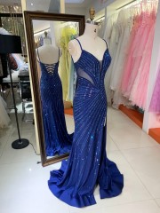 Elegant Navy Full Rhinestone Drawing Pattern High Slit Deep V Neck Sexy Back Mermaid Evening Dress