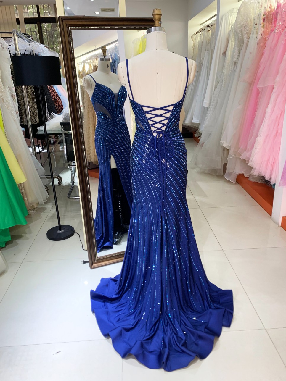 Elegant Navy Full Rhinestone Drawing Pattern High Slit Deep V Neck Sexy Back Mermaid Evening Dress