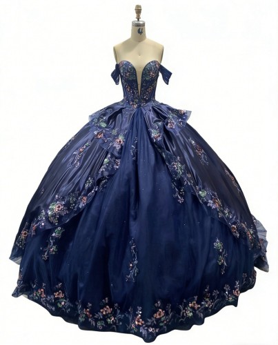 Fashion Navy Blue Off-Shoulder Adult Ceremony Dress with Puffy Colorful Tulle Princess Skirt Evening Dress