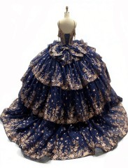 Navy Blue Tulle Lace Appliqued Quinceanera Dresses Tulle Strapless Sweet 15 Gowns Custom Made