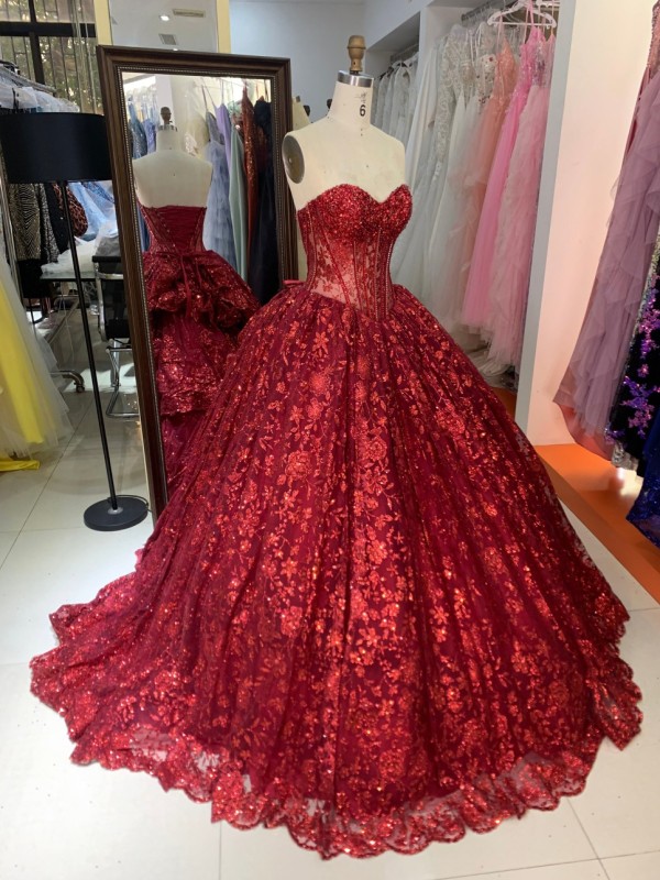 Luxury Burgundy Ball Gown Sequin Bridal Evening Bridesmaid Dresses Sequins with Lace up Quinceanera Dresses