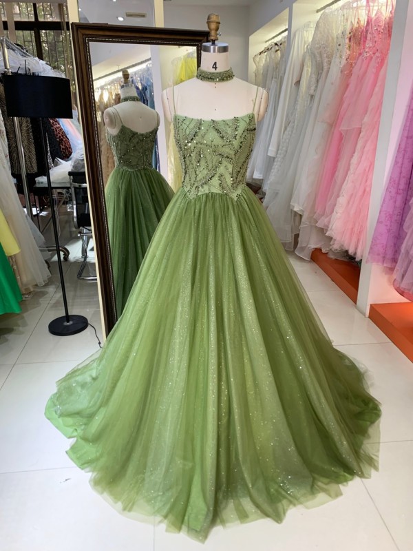 2026 Green Colors Elegant A-Line Ball Gown Floor-Length Party Evening Dress with Zipper Back for Women