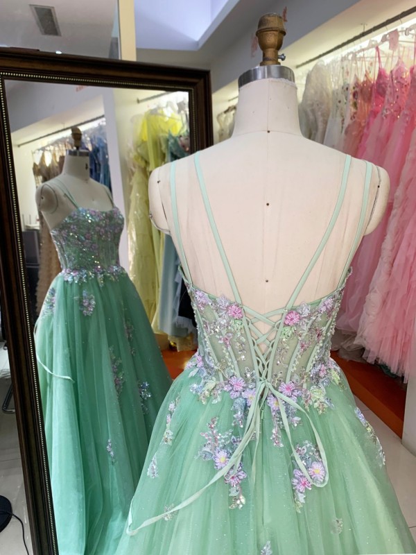 3D Embroidery Flowers with Green Tube Top Flower Embellished Ball Gown Evening Dresses Lace A-Line Evening Dress