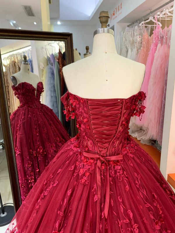 New Designs Burgundy Colors 3D Flowers Ball Gown Quinceanera Dress Off the Shoulder