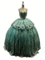 Glittering Green Quinceanera Dresses Gold Lace Appliques Birthday Party Ball Gown Corset