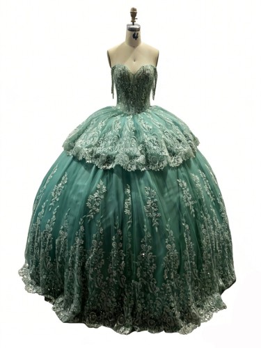Glittering Green Quinceanera Dresses Gold Lace Appliques Birthday Party Ball Gown Corset
