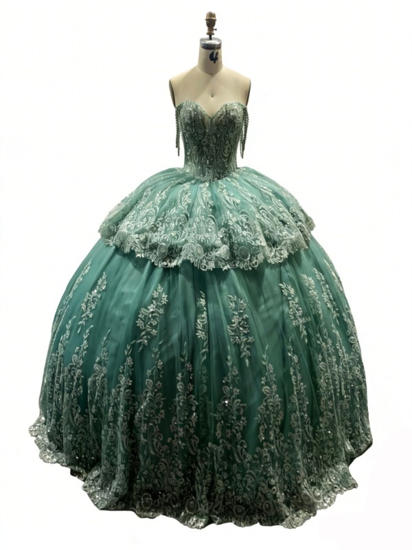Glittering Green Quinceanera Dresses Gold Lace Appliques Birthday Party Ball Gown Corset