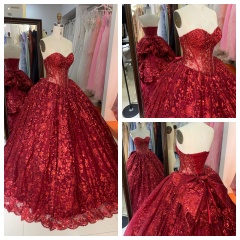 Luxury Burgundy Ball Gown Sequin Bridal Evening Bridesmaid Dresses Sequins with Lace up Quinceanera Dresses
