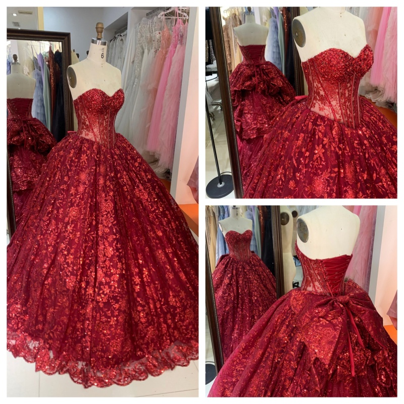 Luxury Burgundy Ball Gown Sequin Bridal Evening Bridesmaid Dresses Sequins with Lace up Quinceanera Dresses
