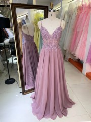 Wholesale Customizable Pink Purple Hand Embroidery V Neck a Line Evening Dresses Plus Size